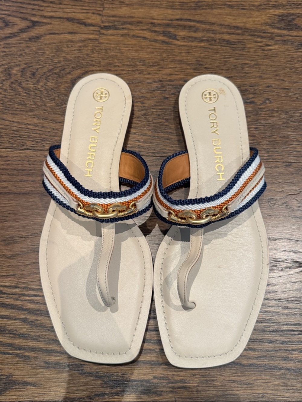 Tory Burch Cream Leather Thong Sandals with Navy & Tan Braided Trim